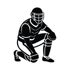 Baseball Catcher Silhouette Protective Gear, Kneeling Pose, Game Action