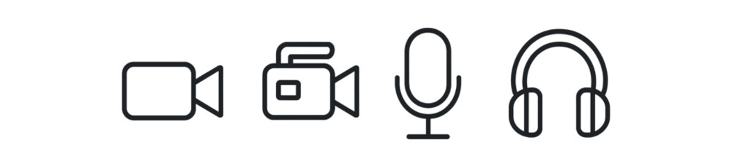 Obraz premium Icons of video camera, microphone, headphones in line art style vector icon isolated