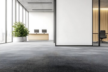 Modern Open Office with Reception Area, Glass Wall, and City View Through Windows
