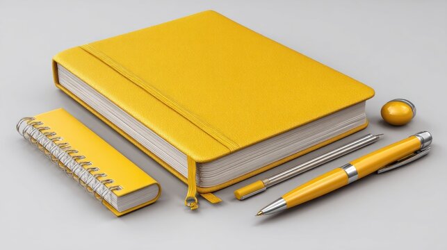 Yellow notebook, pen, and spiral notepad