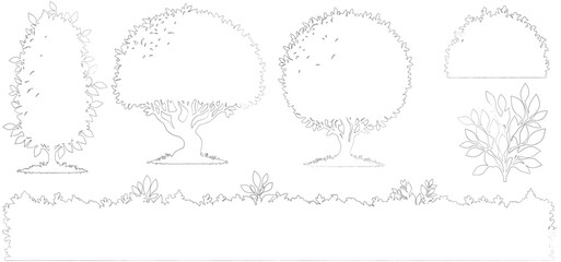 Minimal style cad tree grass and bushes line drawing,  set of graphics trees and grass elements outline symbol for architecture and landscape design drawing. Vector illustration