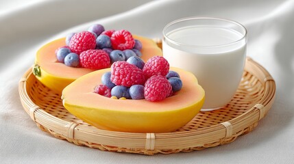 Tropical breakfast setup with fresh fruits and yogurt outdoor setting hyper realistic photography natural light
