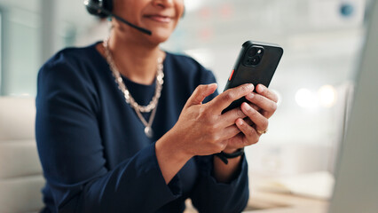 Woman, hands or phone in call center for research, telemarketing schedule or scroll on networking app. Sales agent, tech and typing in agency for contact, calendar update or browsing for productivity
