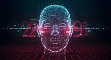 Digital human face amidst coded landscape