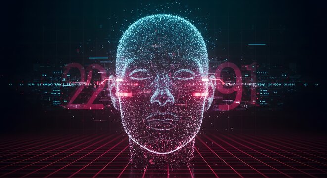 Digital human face amidst coded landscape