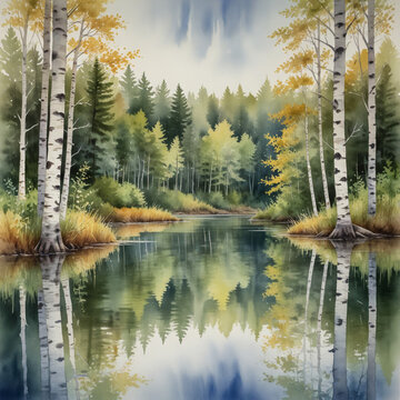 Peaceful watercolor of the Nicolet National Forest in northern Wisconsin, with birch trees reflected in still forest lakes.