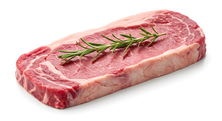 Fototapeta premium Fresh Raw Beef Steak with Rosemary Sprig on White Backdrop Studio Shot