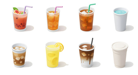 Variety of Refreshing Drinks in Cups on White Background Illustration