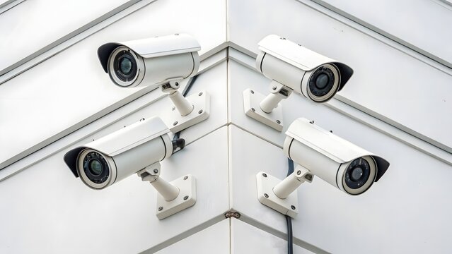 Modern Security Surveillance Four CCTV Cameras on a Building Corner