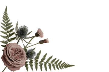 Rustic Floral Corner PNG with Rose, Thistle, and Fern in Vintage Tones – Bottom Left on Transparent Background


