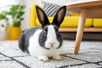 Cute black and white pet rabbit lying on carpet in modern living room