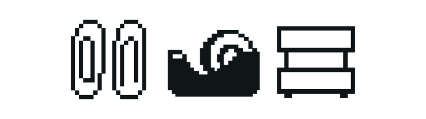 Obraz premium Pixel art office supplies: paper clips, tape dispenser, filing cabinet vector icon isolated