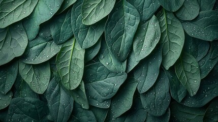 Obraz premium Close-up of lush, dark green leaves, covered in water droplets