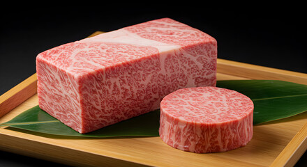 High Angle Close Up of Raw Marbled Wagyu Beef Cube and Cylinder Cuts on Bamboo Tray with Green Leaf and Dark Background