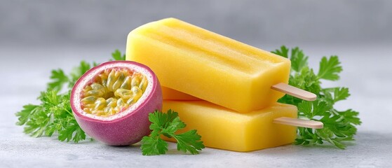 Refreshing passion fruit popsicles on a stylish surface food photography minimalistic kitchen hyper realistic aesthetic