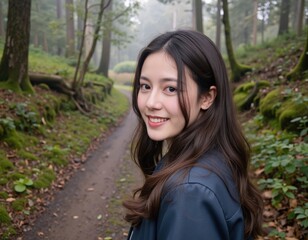 Naklejka premium Young woman smiling in forest path with greenery and mist in serene outdoor setting, portrait photography