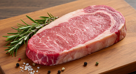 High Quality Raw Ribeye Steak on Wooden Board with Rosemary Salt and Fresh Peppercorns Ready for Cooking and Grilling Close Up Food Photography