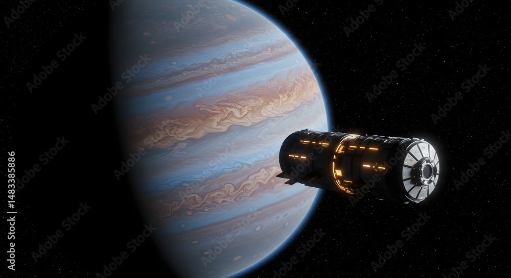 Poster a spaceship with glowing lights in space near a large planet with swirling clouds