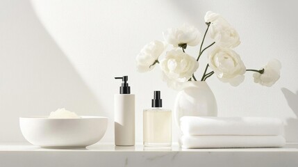 White bathroom countertop with a vase of white flowers on the right side. on the left side, there is a white bowl with a small amount of white soap in it.