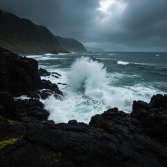 Obraz premium Dark Ocean Waves Crashing Against Rocky Coastline