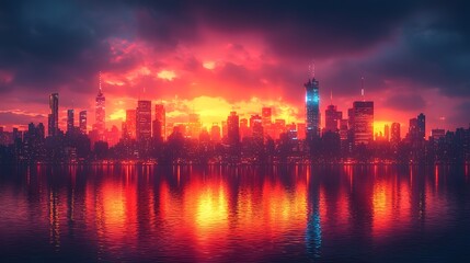 Naklejka premium Vibrant Futuristic Cityscape with Illuminated Skyscrapers