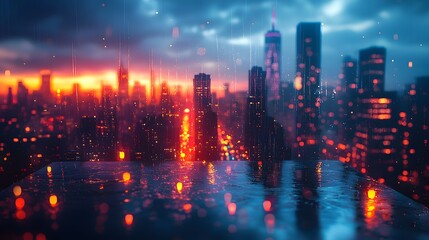 Futuristic cityscape with illuminated skyscrapers reflecting in the water symbolizing business growth and expansion