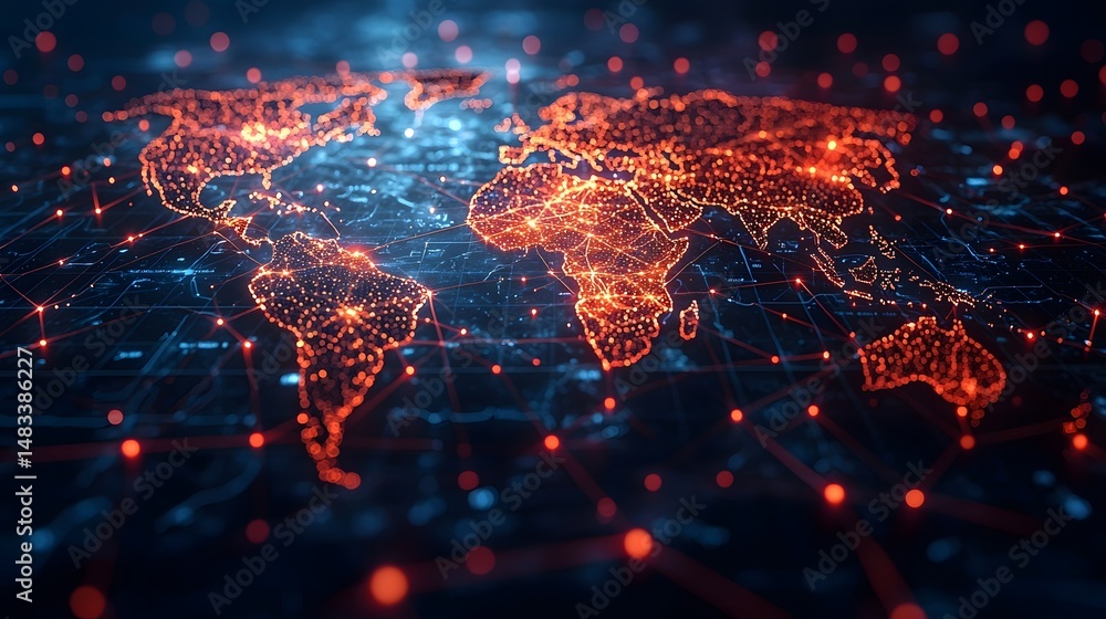Poster glowing world map with interconnected network of lines and nodes