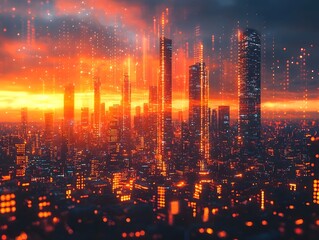 Futuristic digital cityscape with towering skyscrapers and glowing business expansion