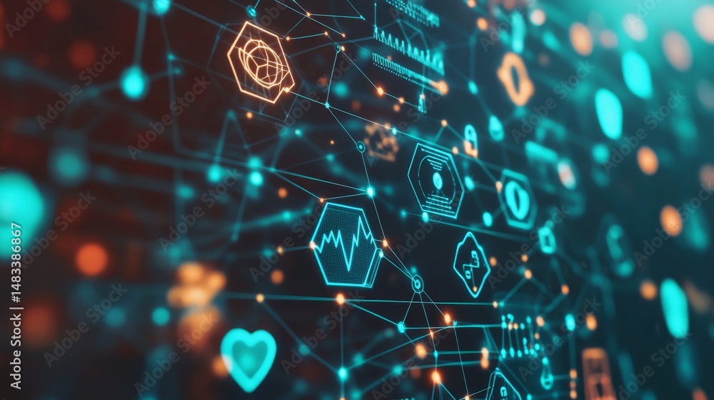 Poster exploring the floating health concepts in a softfocus digital background futuristic environment abst