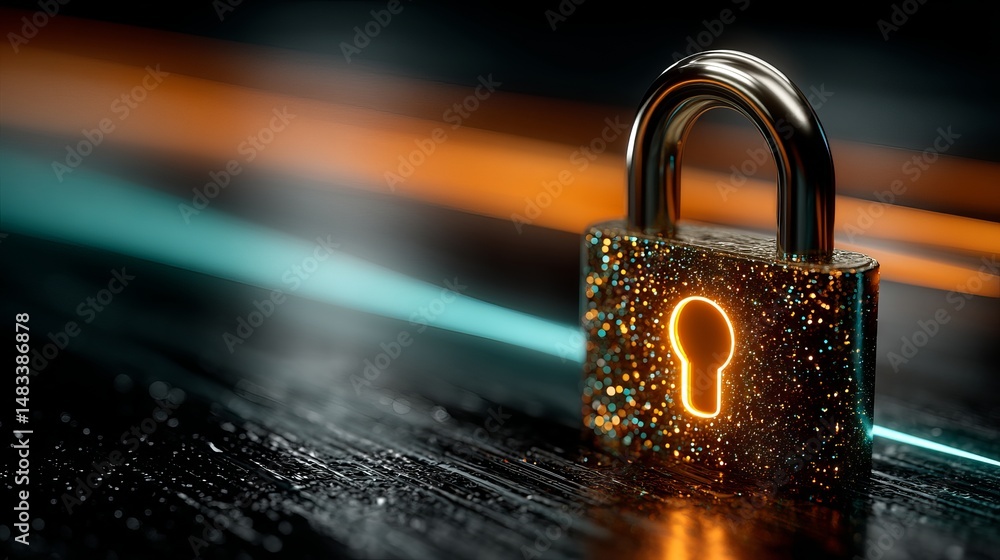 Poster glowing padlock on dark surface symbolizing digital security and data protection