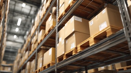 Fototapeta premium Warehouse filled with stacked cardboard boxes on wooden pallets