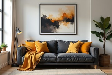Comfortable Gray Sofa with Yellow Accents in a Bright, Modern Living Room Interior Decor, Abstract Wall Art, and Potted Plant, Home Ambiance          