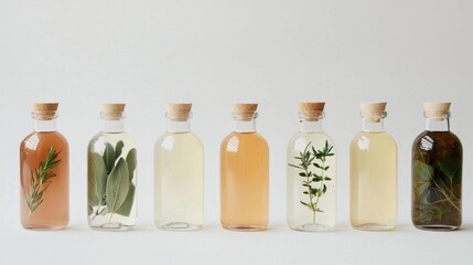 Group of six small glass bottles with cork stoppers. each bottle contains a different type of liquid, ranging from light pink to dark green.