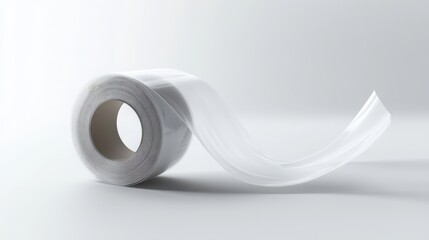 Transparent adhesive tape roll on a plain background.