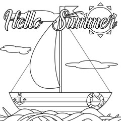 Coloring with outline a scene of a sailboat with flag sailing on ocean waves, and sun with clouds. Hello Summer. For entertaining, holiday and vacation banner, or summertime, nautical, maritime design