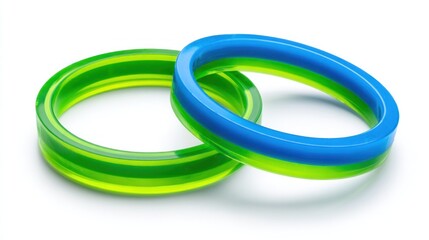 Two vibrant, layered, colorful plastic bracelets