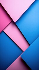 Colorful paper layers arranged in geometric patterns create an artistic background in shades of blue and pink