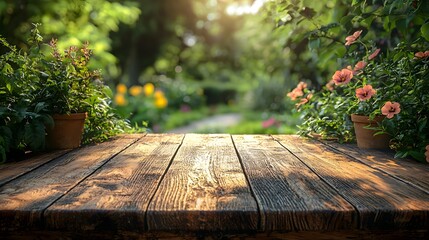 Wooden table in a lush outdoor garden
