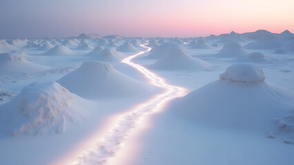 Glowing white salt path through saline mounds, ethereal desert trail, HD nature landscape.