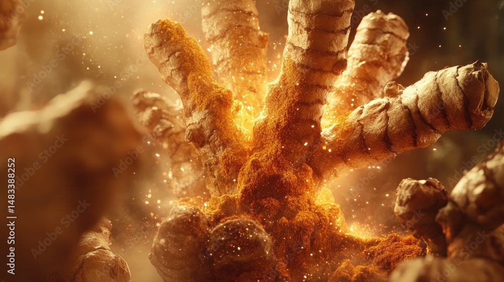 Poster abstract depiction of glowing golden structures resembling hands or root systems amidst a blurred, s