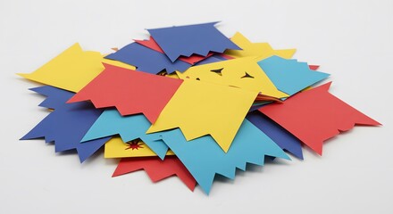 Stack of colorful jagged-edge paper squares for Festa Junina decoration, isolated on white background