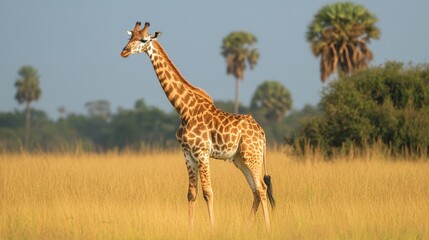 Fototapeta premium Solitary giraffe stands alone in the african savanna nature photography wildlife serenity