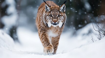 Obraz premium Solitary lynx stalking through snowy woods wildlife capture winter landscape close-up view nature's predator