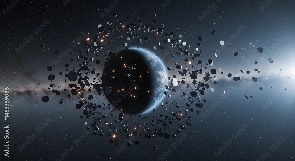 Poster planet surrounded by asteroids and space debris in a dark and starry galaxy view