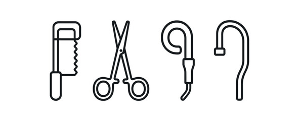 Obraz premium Minimalistic icons of saw, scissors, hook, and crochet needle vector icon isolated