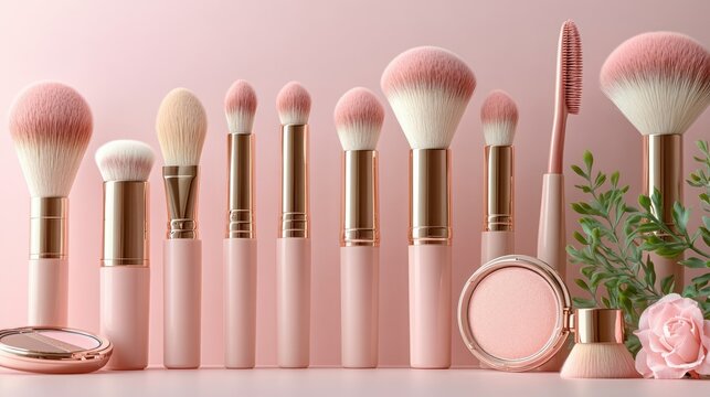 Pink makeup brushes and compact