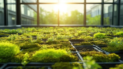 Urban green wall with vibrant moss and plants. Sunlight streams through large windows