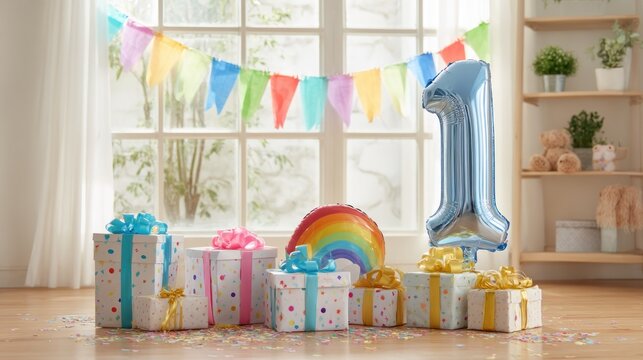 First birthday party decorations.  Colorful presents, balloons, and streamers adorn a sunny room