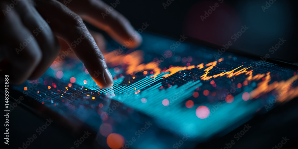 Poster close-up of finger interacting with a tablet displaying vibrant data visualizations, showcasing tech