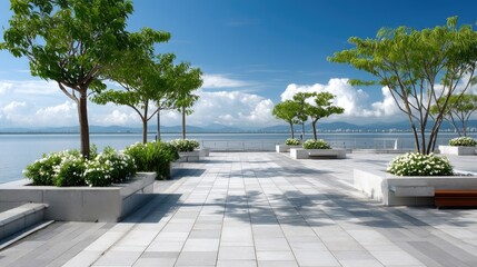 Obraz premium Clear blue sky and white clouds create a tranquil setting at West Lake in Hangzhou, with trees framing a stunning urban backdrop